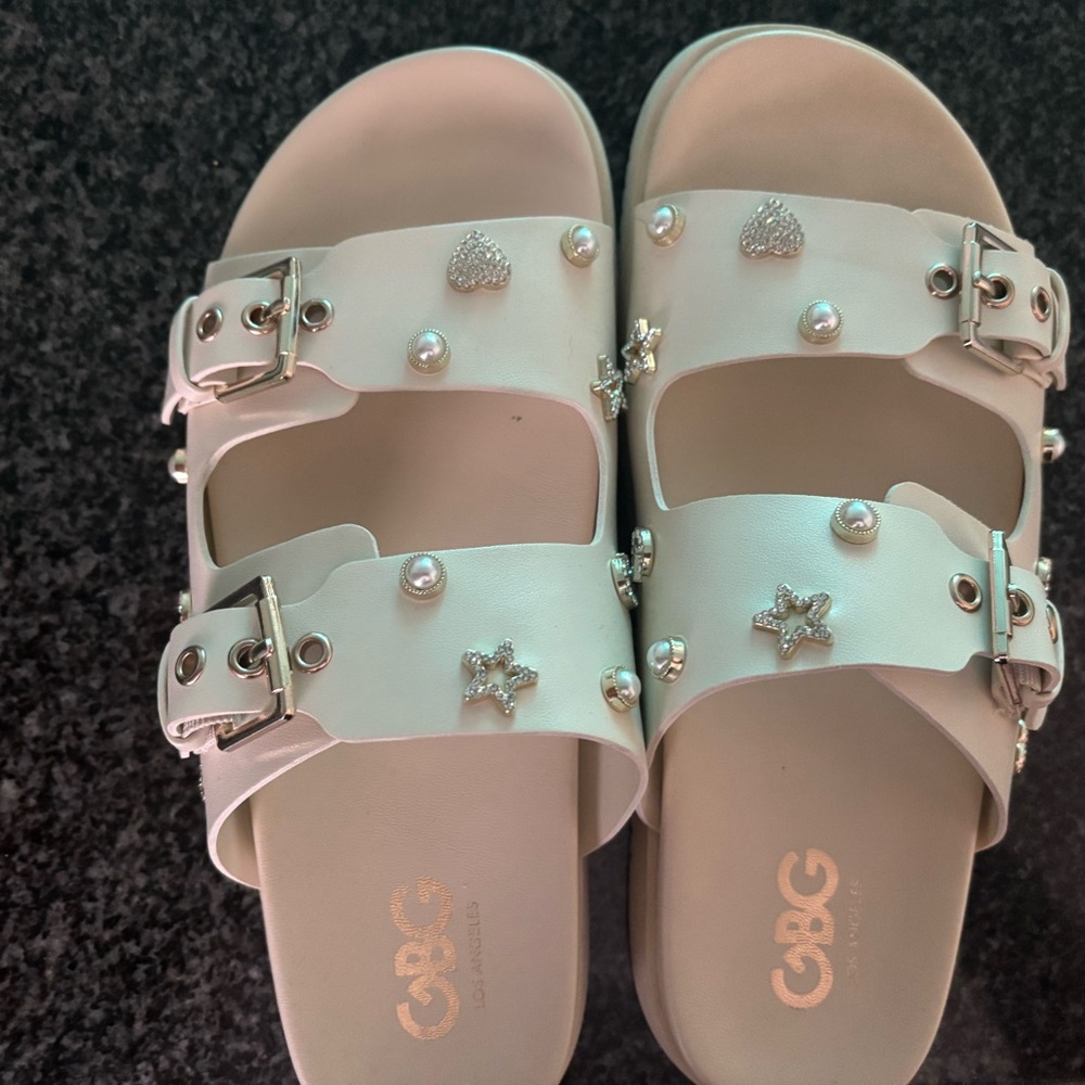 GUESS - GBG Los Angeles White Sandal with Silver, Pearl & Crystal Embellishments